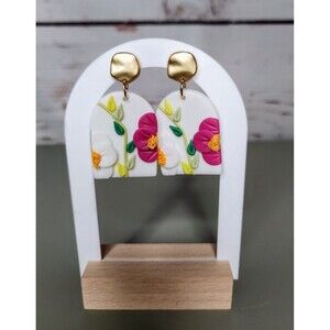 Floral Polymer Clay Dangle Earrings White Arch Gold Stud Boho Jewelry
